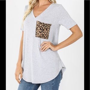 Short Sleeve Leopard Print Pocket Top, 1X